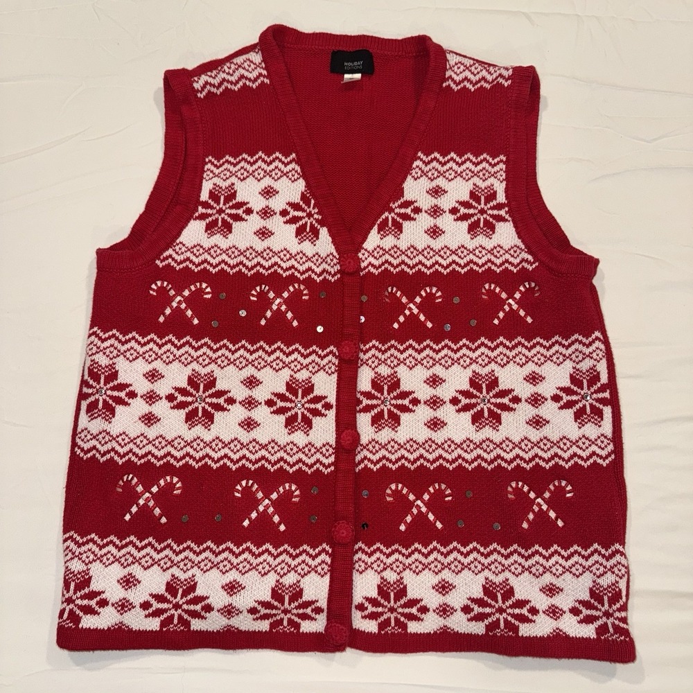 VTG Holiday Christmas Sweater Vest XL Red White Candy Cane Ugly Xmas Snowflake
